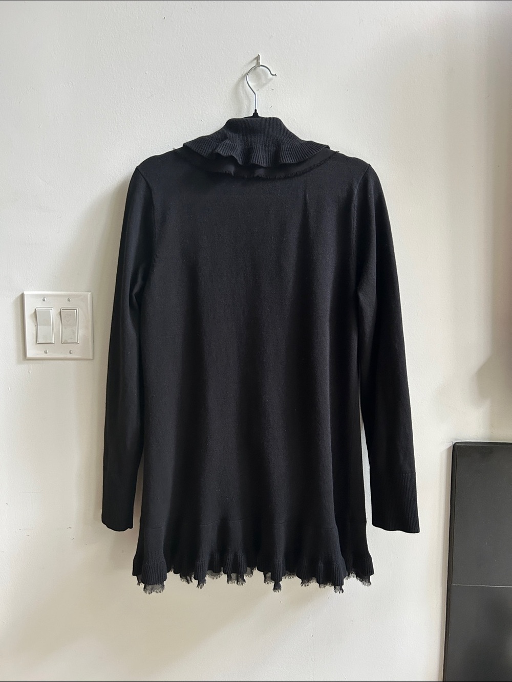 WHITE HOUSE BLACK MARKET Black Ruffle-Trim Silk Cardigan | Size Med - Picture 3 of 3